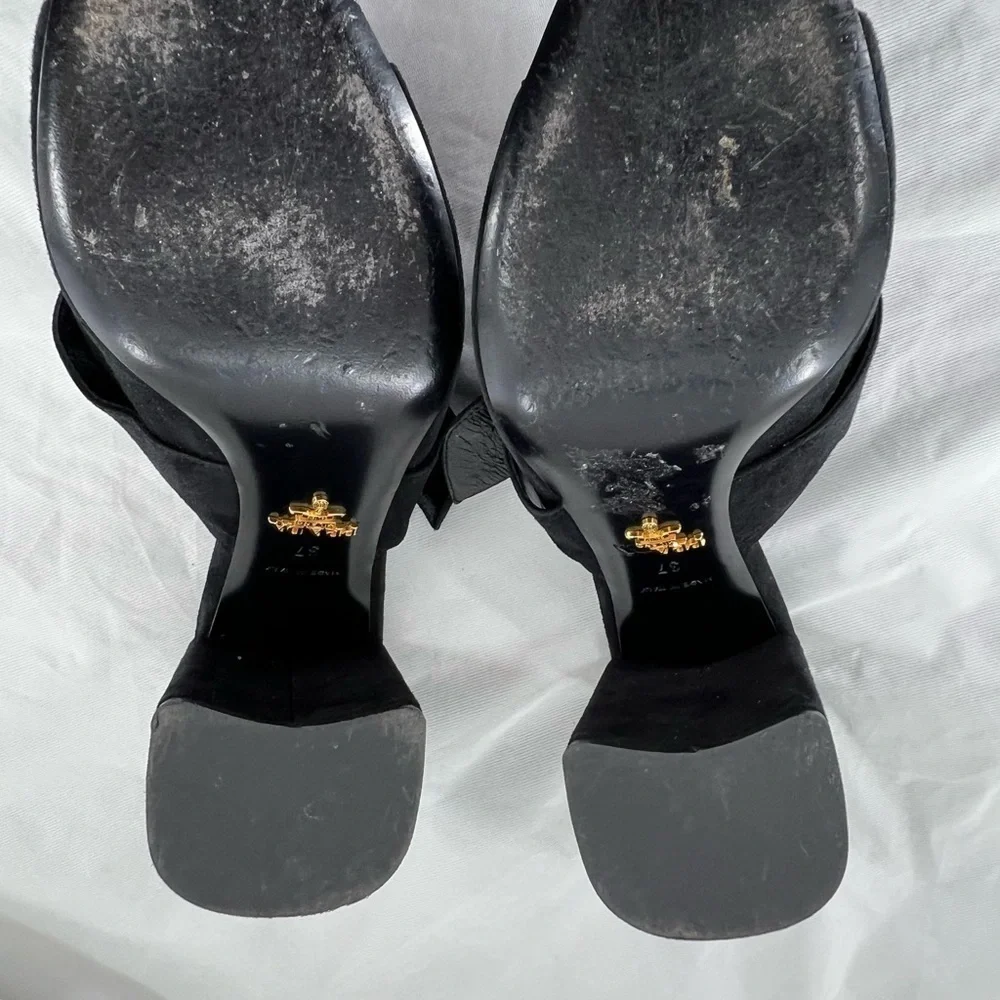 PRADA MILANO BLACK SUEDE CHUNKY HEEL SANDAL BLACK SIZE 37 EUR SIZE 6.5 US - Picture 5 of 16